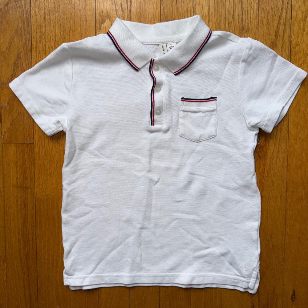 Janie and Jack Boys White Red Blue Tipped Pique‎ Polo Shirt Size 6 Prep Coastal
